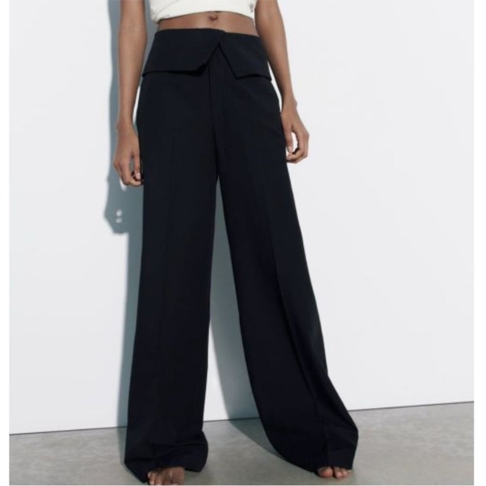 Zara linen fold over down trousers Wide Leg High Waist Black Pants
